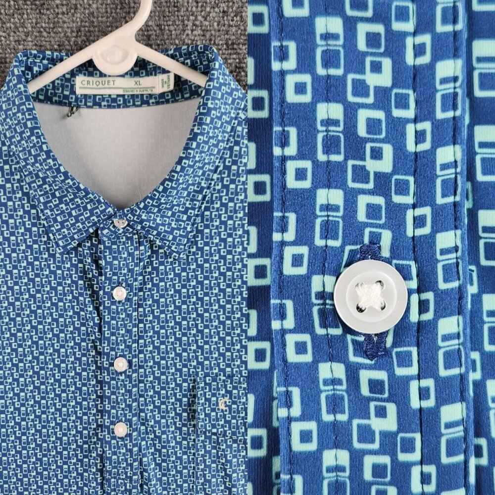 Criquet XL Blue Geometric Polo Shirt Short Sleeve Tennis Stretch Pocket Knit